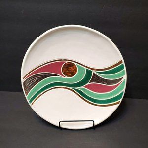 Large Art Pottery Footed Plate, 1990s Retro Memphis, Flowy Abstract Metallic